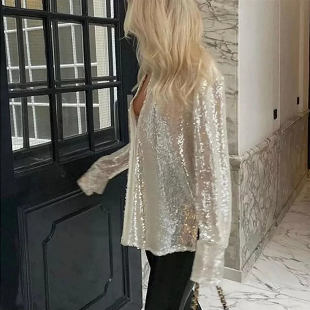 🎉New Sparkle & Shine Silver Long Sleeve Sequined Glitter Sheer Button Up Top - Picture 10 of 11